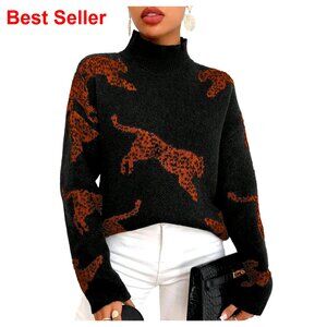 Women's Leopard Print Sweater High Neck Long Sleeve Fuzzy Knit Pullover Top